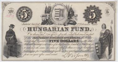 1852. 5$ "A" "Kossuth bankó" piros sorszámmal és fekete dátumozással T:I- (saroktörés, tűlyuk) Hungary 1852. 5 Dollar "A" "Kossuth" with red serial number and black date C:AU (folded corner, needle hole) Adamo G118/1b