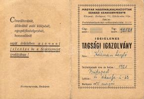 1945 Magyar Magánalkalmazottak Szabad Szakszervezete tagsági igazolvány a szakszervezet saját bélyegeivel