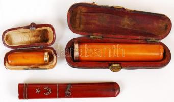 cca 1900 3 db szioka tétel: 2 borostyán szipka eredeti tokban, egy ezüst berakásos, sérült szipka / ...