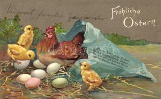 Easter, chickens with eggs, Emb. litho (EK)