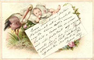 1898 Childbirth greeting card , baby with stroke litho (fa)