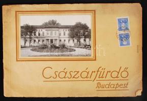 1930 Császárfürdő, Budapest, gyógyfürdő meleg és langyos kénesforrásokkal, rövid ismertetés. Tájékoztató füzet sok képpel, helyenként utólagos javításokkal. Mellékelve kedvezményes szolgáltatásokat biztosító levelezőlap.