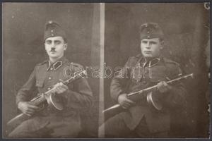 cca 1945 Hajdú János csongárdi fényképész műtermében készült két katonai fotó dobtáras géppisztollyal, későbbi kontakt másolatok, 9x14 cm