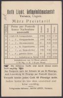 1913 Versec, Róth Lipót tejkereskedő reklámlapja és árjegyzéke / Versec commercial PS card