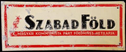 cca 1950 Szabad föld hetilap fém tábla. Magyar Fémlemezipari RT. 25x10 cm