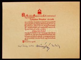 1936 Bánffy Miklós (1874-1950) író, grafikus, Kemény János (1903-1971) író és Kós Károly (1883-1977) építész, író, grafikus nyomtatott aláírása az Erdélyi Szépmíves Céh díszoklevelén.