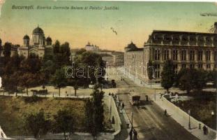 Bucharest, Biserica Domnita Balasa, Palatul Justitiei / church, Palace of Justice, tram (b)