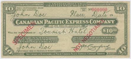 Kanada DN &quot;Canadian Pacific Express Company&quot; 10$ &quot;SPECIMEN&quot; utazási csekk T:I- Canada ND &quot;Canadian Pacific Express Company&quot; 10 Dollars &quot;SPECIMEN&quot; travellers cheque C:AU