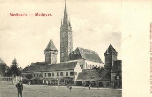 Medgyes, Mediasch; Piactér, Kleiner Marktplatz; Verlag bei Fritz Guggenberger / market place, shops