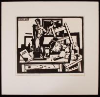 Tardi Kovács Sándor (1938-): Csendélet szobrokkal. Linó, papír, jelzett, 29×34 cm