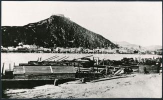 cca 1860/cca 1920 Városkép Pest-Budáról, a pesti rakpart még nincs kikövezve, a Gellért-hegy alatt a Duna part végig beépítve, ismeretlen képi forrásról készült reprodukció, 13x22 cm