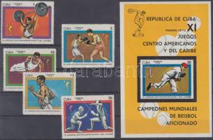 Central American and Caribbean Sports Games perforated set + imperforated block with printed perforation, Közép-amerikai és karibi sportjátékok fogazott sor  + vágott blokk nyomtatott fogazással