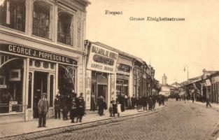 Foksány, Focsani; Grosse Einigkeitstrasse / street, George J. Poppescu & Co.s shop, Samuil Marcus shop (minor surface flaw)