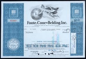 Amerikai Egyesült Államok/Delaware 1968. Foote, Cone & Belding, Inc. 100 részvénye, egyenként 33 1/3c-ről, lyukasztott, perforált, bélyegzéssel + Maryland 1953. International Telephone and Telegraph Corporation 100 részvénye, perforált, bélyegzéssel T:I-,II- tűlyukak USA/Delaware 1968. Foote, Cone & Belding, Inc. 100 shares, each about 33 1/3 Cents, perforated, punctured with overprint + Maryland 1953. International Telephone and Telegraph Corporation 100 shares, perforated with overprint C:AU,VF needle holes