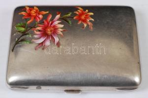 Ezüst (Ag) cigarettatárca zománc virág díszítéssel. / Silver cigarette holder 7x9 cm, 110,4g