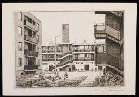 Bálványos Huba (1938- ): Lakótelep. Rézkarc, papír, jelzett, 9×13 cm
