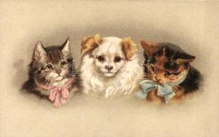 Dog with cats litho
