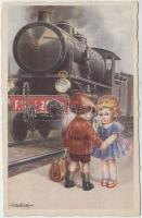 Italian art postcard, Childrens farewell, locomotive, CCM No. 2572. s: A. Bertiglia