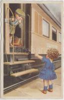 Italian art postcard, Childrens farewell, locomotive, CCM No. 2572. s: A. Bertiglia