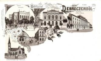 Debrecen, színház, Királyi tábla, Kereskedelmi Akadémia, Kossuth utca, kiadja László Albert, floral Art Nouveau litho (EK)
