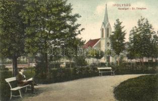 Ipolyság, Városliget, Evangélikus templom, kiadja Polgár J. / park, church