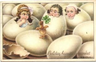 Italian art postcard, Easter, eggs with children, clover s: Bertiglia