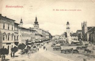 Besztercebánya, IV. Béla király tér, Nemzeti szálló, gyógyszertár, piac, Ivánszky Elek kiadása / square, hotel, shops, pharmacy, market (fa)