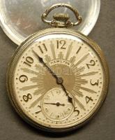 HAMILTON (USA) aranyozott zsebóra 14K-os fehérarany, ill. aranyozott, 58,3g. Átmérő: 44mm. Kb. 1930-as évekből, kitűnő, pontos, tisztított szerkezet, hibátlan külső.
