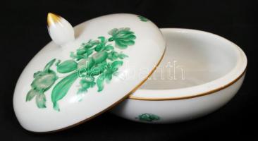 Herendi zöld virágmintás lapos bonbonier, hibátlan, jelzett, m: 10 cm, d: 12 cm
