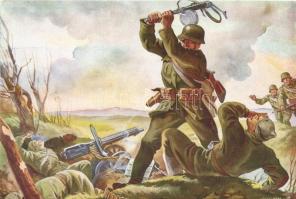 Antal Pál őrmester rajtaütése, zsákmányolt szovjet géppisztoly / WWI Hungarian military postcard, sergeant s: Gönczi Gebhardt