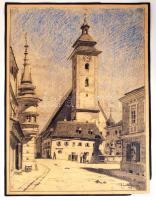 Páris Erzsébet, (1887-?): Főtér. Ceruza, papír, jelzett, 30×23 cm