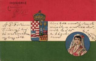 Hongrie, Hungary flag, coat of arms, litho