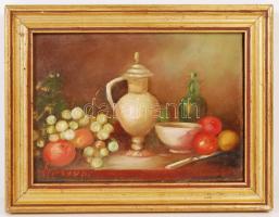 Olvashatatlan jelzéssel: Csendélet. Olaj, farost, keretben, 12×17 cm