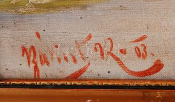 Bálint jelzéssel: Folyópart. Olaj, vászon, 30×62 cm