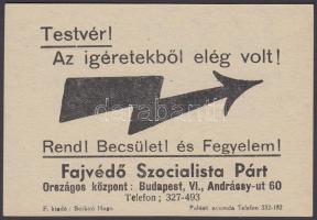 1937 Testvér! Az ígéretekből elég volt! A Fajvédő Szocialista Párt röplapja, 10x8 cm