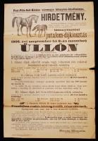 1906 Bp., Pest-Pilis-Solt-Kiskun vármegye lótenyész-bizottmánya által kiadott jutalom-díjkiosztási hirdetmény, 32x47 cm