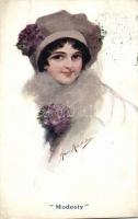 Modesty / Lady with flowers and hat, B.K.W.I Nr. 260/2. s: Horace Middleton (EK)