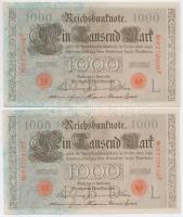 Német Birodalom 1910. 1000M (4x) sorszámkövetőek, hétjegyű sorszám, piros pecsét T:II German Empire 1910. 1000 Mark (4x) sequential serials, 7 digit serial, red seal (5x) C:VF 