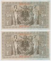 Német Birodalom 1910. 1000M (4x) sorszámkövetőek, hétjegyű sorszám, piros pecsét T:II
German Empire ...