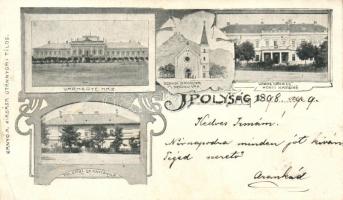 1898 Ipolyság, Vármegyeház, Polgári leányiskola, Városháza, Honti kaszinó, Szondi kápolna, Drégely vára, kiadja Kranyó A. / county hall, girl school, town hall, casino, chapel, castle, Art Nouveau (EK)