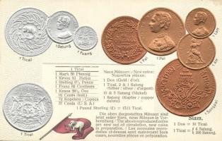 Siam - Set of coins, currency exchange chart Emb. litho