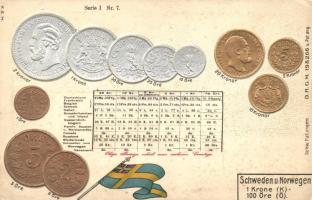 Schweden und Norwegen, Sweden and Norway - Set of coins, currency exchange chart Emb. litho