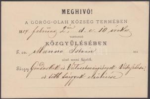 1884 Meghívó a Görög-Oláh Közösség termében tartandó közgyűlésre