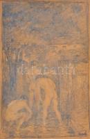 Kron Jenő (1882 - 1974): Fürdöző bakák. 1915. Hadifogság felirattal a hátoldalon. Jelzett a rajzon. ...