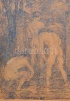 Kron Jenő (1882 - 1974): Fürdöző bakák. 1915. Hadifogság felirattal a hátoldalon. Jelzett a rajzon. ...