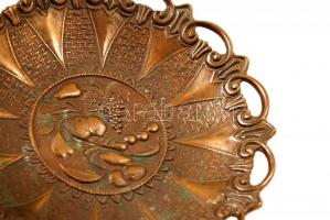 Régi bronz talpas kínáló, gazdagon díszített, m:12 cm, d:19 cm