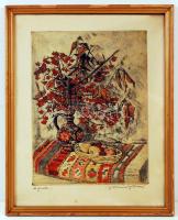 Imre István (1918 - 1983): Asztali csendélet. Színezett rézkarc, papír, jelzett, üvegezett keretben, 38×29 cm