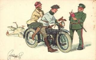 Accident, Couple with motorbike, goose, policeman, B.K.W.I. 384-3. s: Schönpflug (EK)