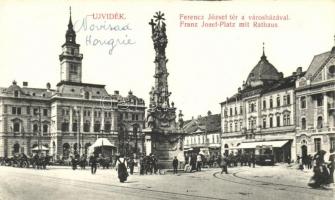 Újvidék, Ferenc József tér, városháza, Kovács József üzlete / square, town hall, shops, monument