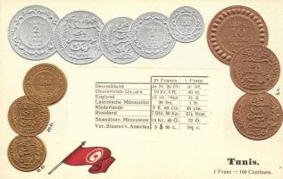 Tunis, Tunesia - Set of coins, currency exchange chart Emb. litho